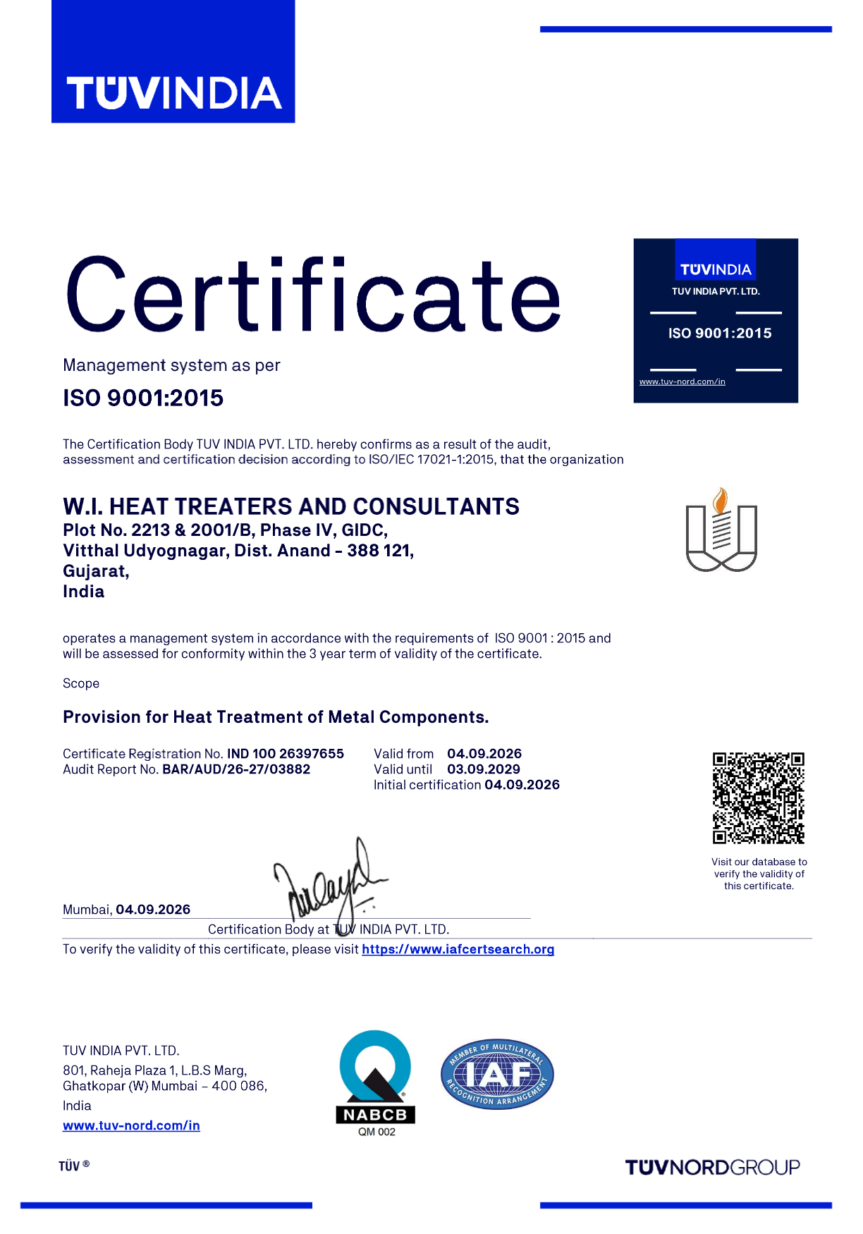 W.I. Heat Treaters & Consultants ISO 9001:2015 Certificate
